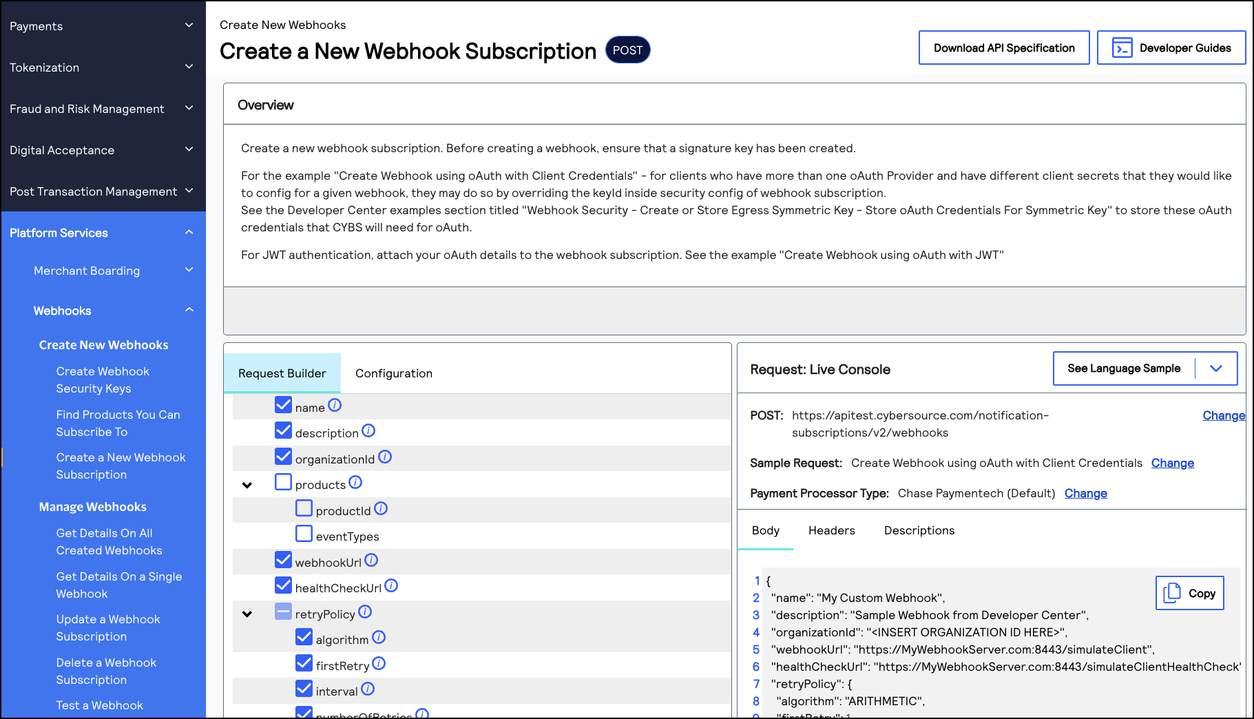 Image and link to the interactive code example for creating a webhook
                subscription.