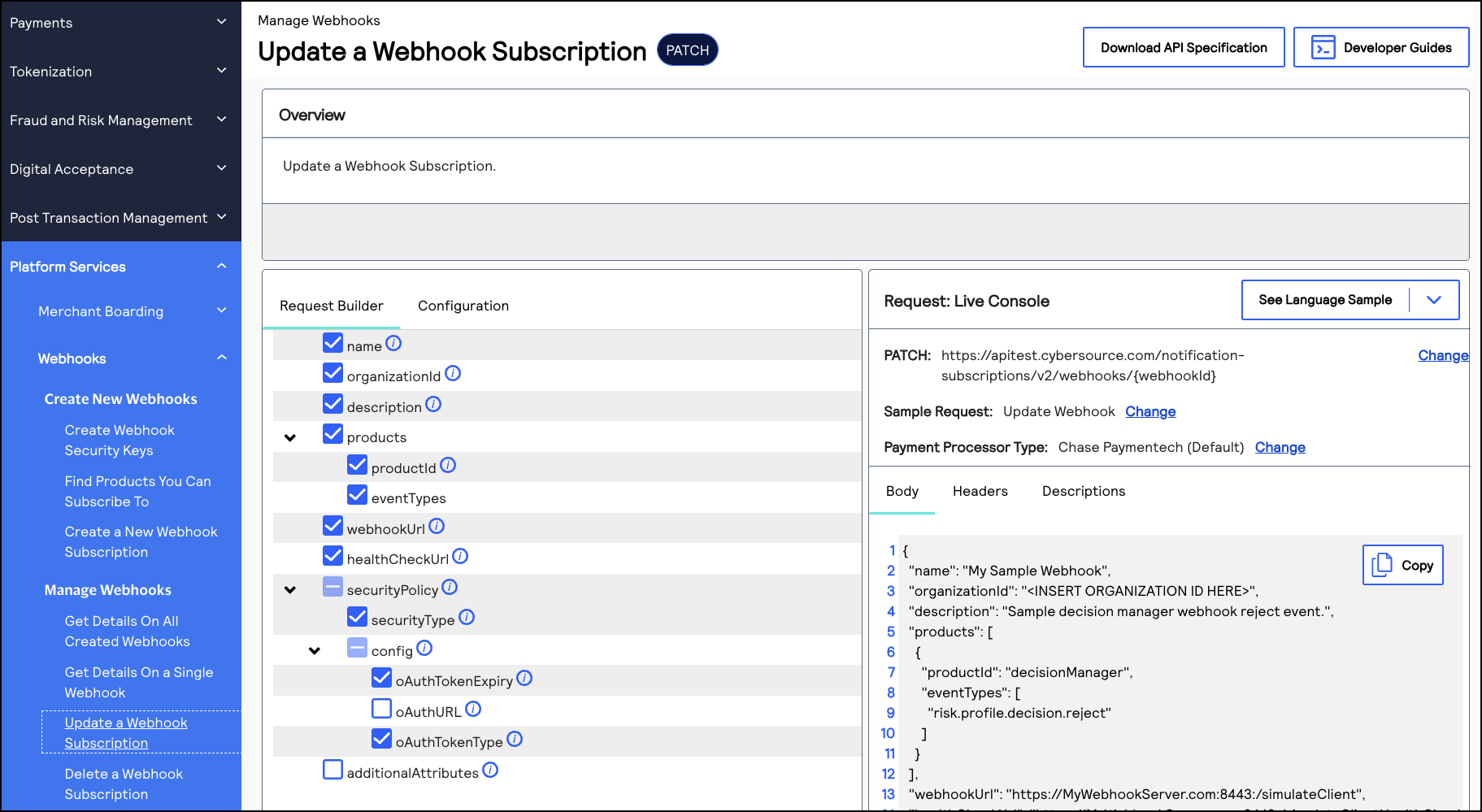 Image and link to the interactive code example for updating a
                                webhook subscription.