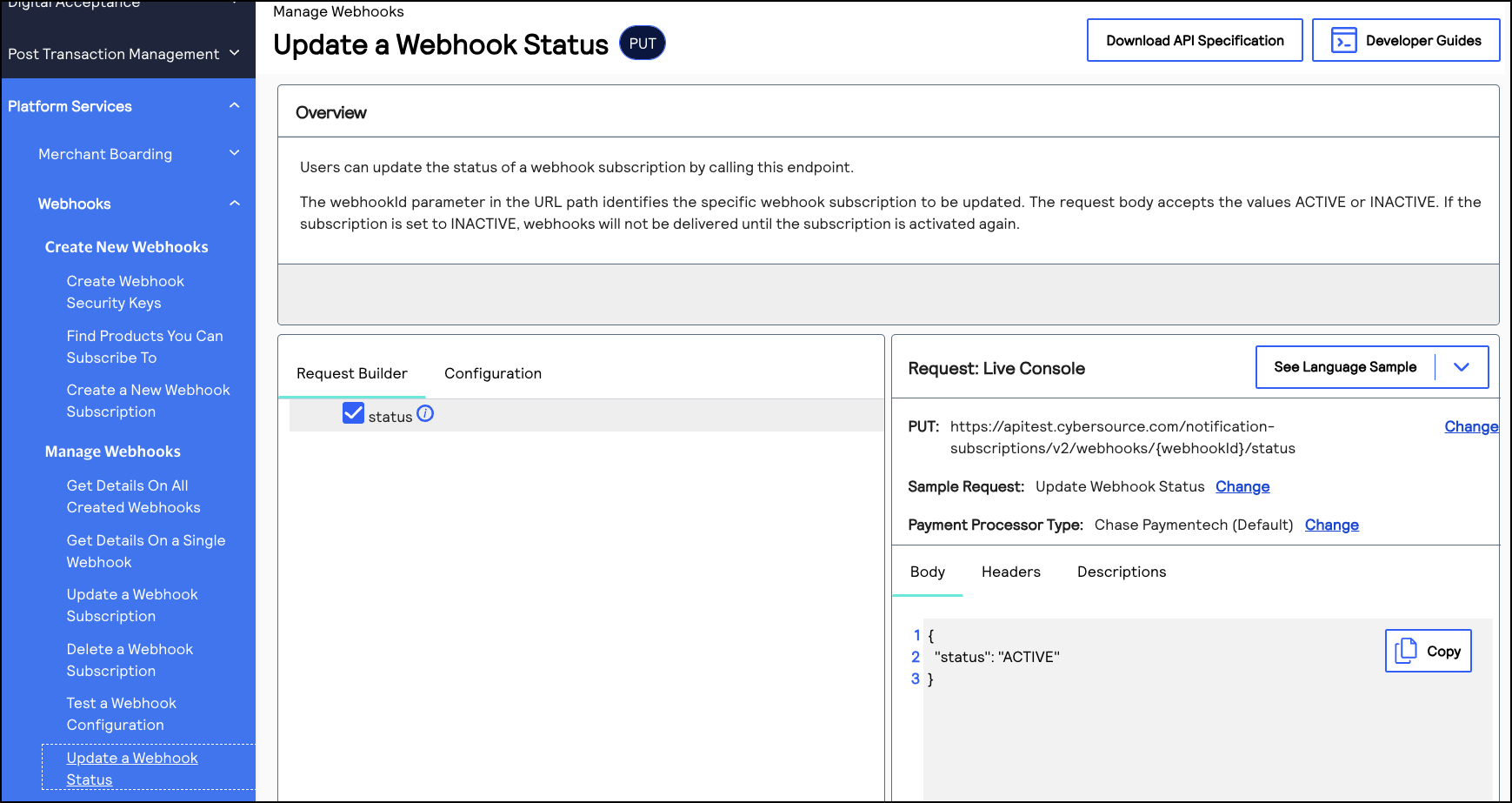 Image and link to the interactive code example for activating a
                                webhook subscription.