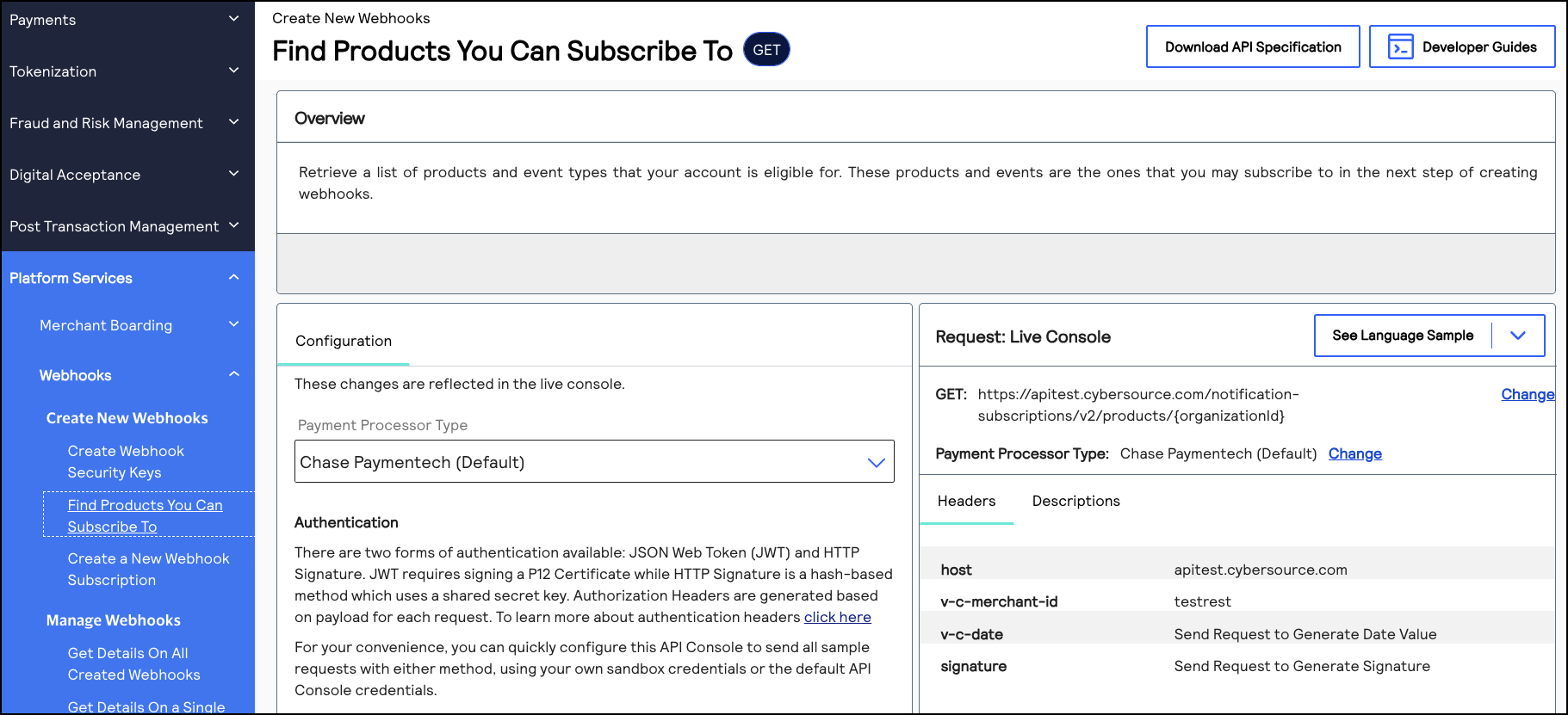 Image and link to the interactive code example for retrieving the
                                product and event types enabled for your organization.