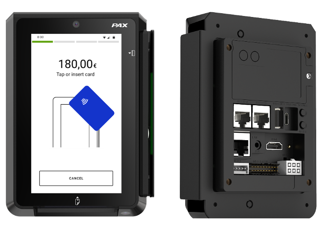 Front and back PAX IM30 product photos. The front photo has a screen
                        example showing a transaction and the back photo shows device connection
                        ports.