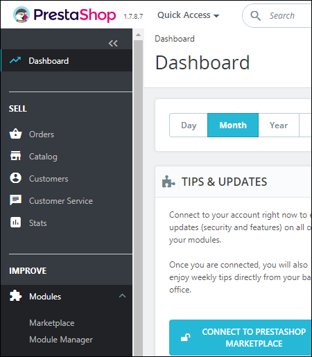 PrestaShop Back Office Dashboard