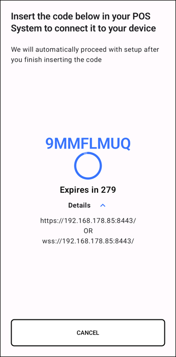 Acceptance Devices App Generate POS Connection Code Screen Showing Expiration Timer and Details About the Device