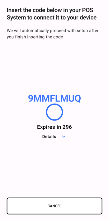 Acceptance Devices App Generate POS Connection Code Screen Showing
                            Code