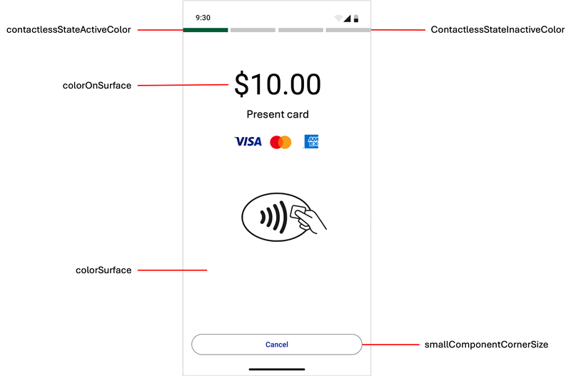 Example 1, Tap to Pay on Android Default UI style elements showing icons, labeled
            buttons, colors, and text