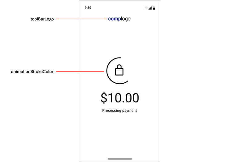 Example 2, Tap to Pay on Android Default UI style elements showing icons, labeled
            buttons, colors, and text