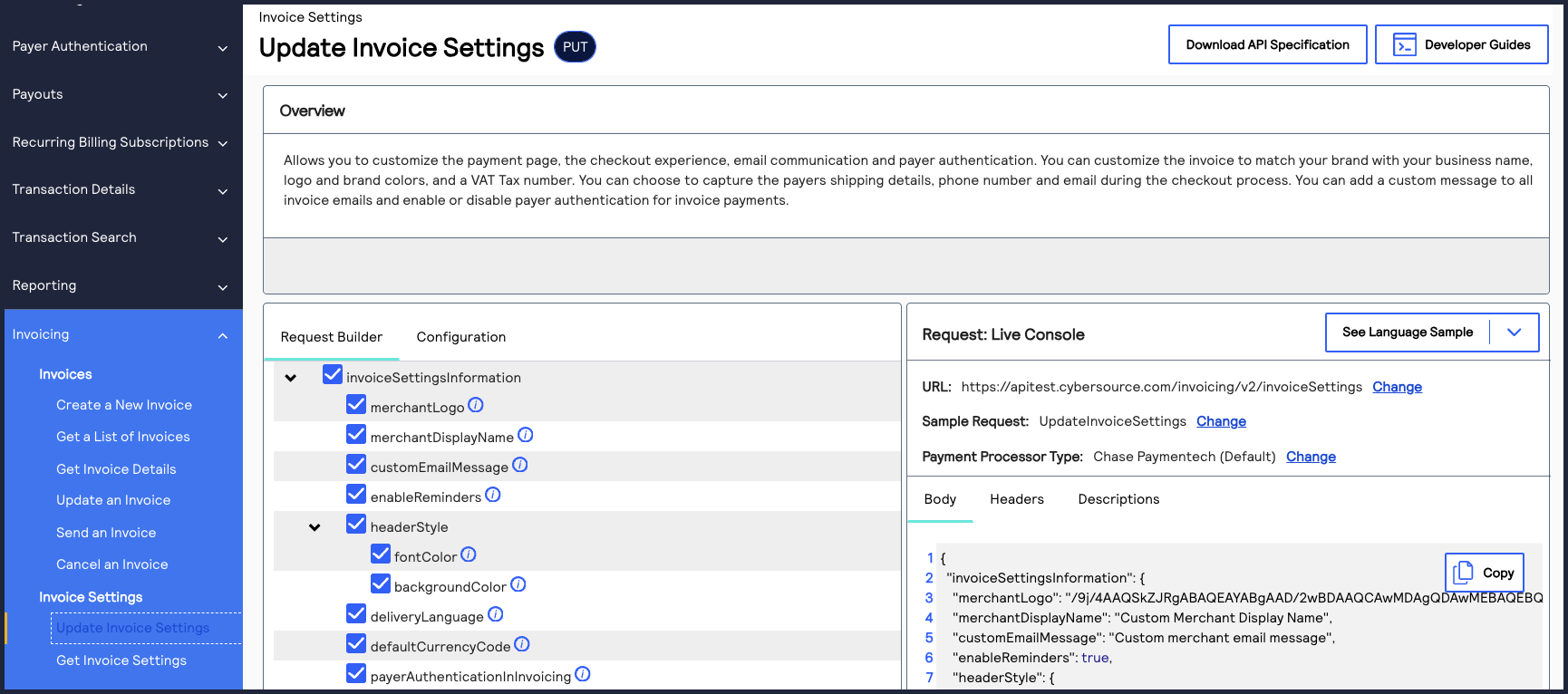 Image and link to the interactive code example for updating invoice
                                settings.