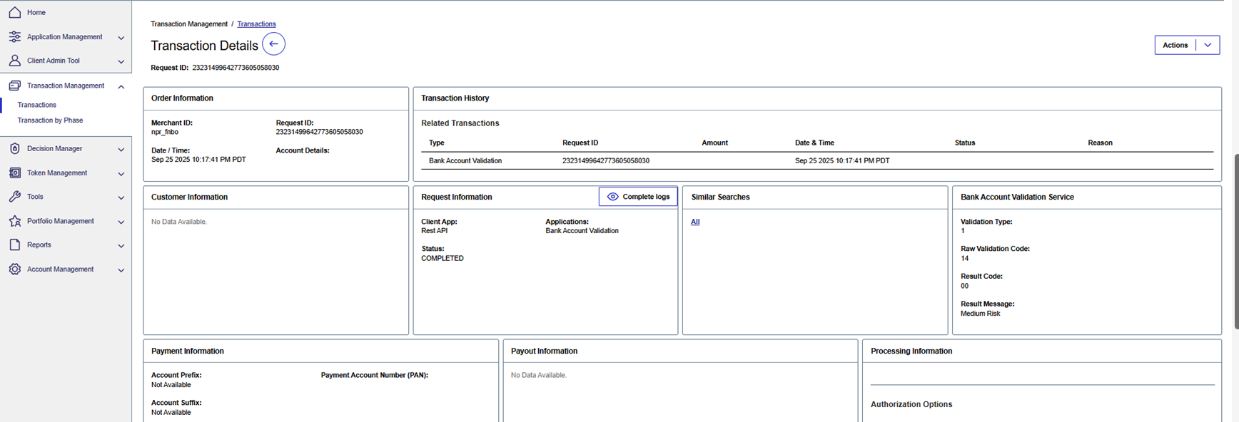 Transaction Details page showing Bank Account Validation card