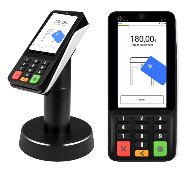 Front and side view PAX A35 product photos. The front photo has a screen
example showing a transaction. The side view photo shows the device mounted
to a stand and also has a screen example showing a transaction.
