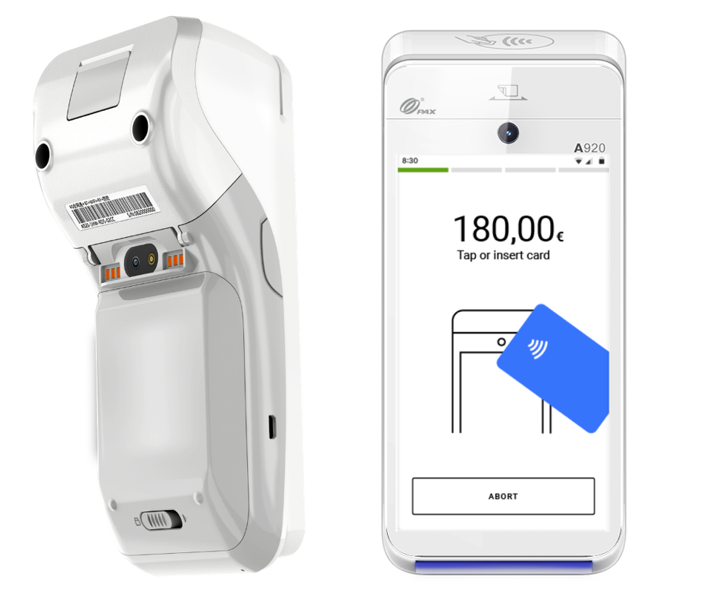 Front and back PAX A920 product photos. The front photo has a screen example showing a transaction. The back photo shows the cover of the integrated printer.