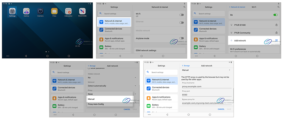 Settings Menu Screens Used to Enable a Proxy IP Connection on PAX
                        Terminal