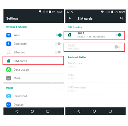 PAX Terminal Settings and SIM Cards Screens
