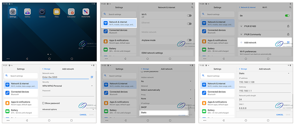 Settings Menu Screens Used to Enable a Static IP Connection on PAX
                        Terminal